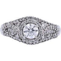 14K White Gold 1.00 Carats Total Diamond Engagement Ring with Halo Setting and Milgrain Detail