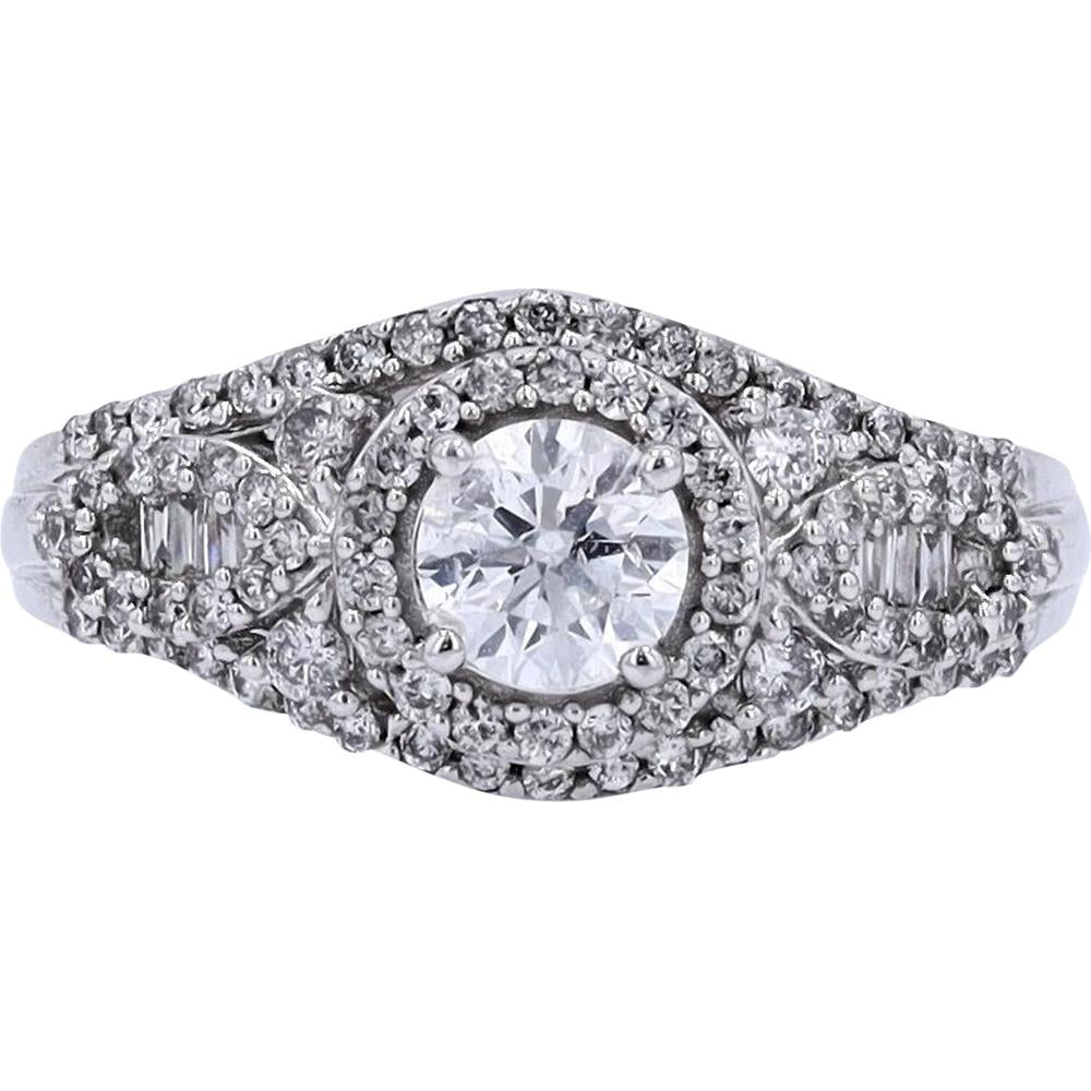 14K White Gold 1.00 Carats Total Diamond Engagement Ring with Halo Setting and Milgrain Detail
