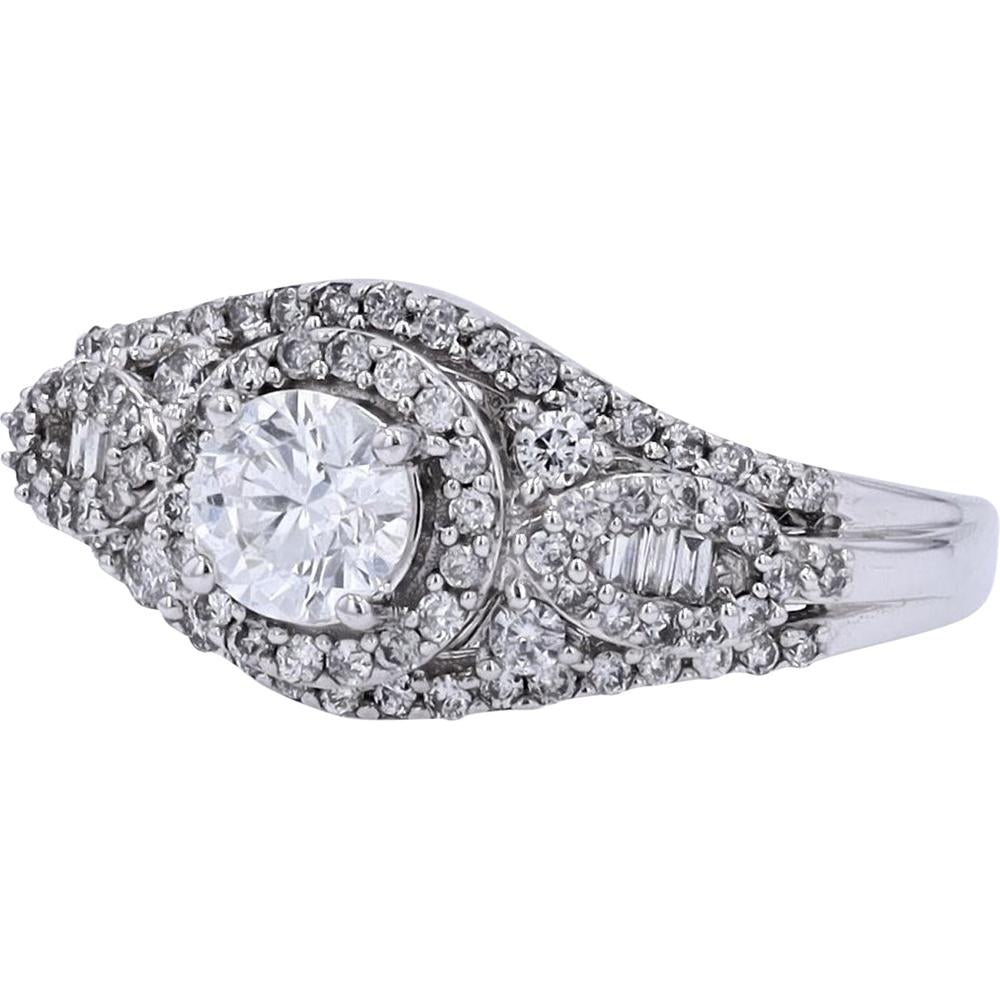 14K White Gold 1.00 Carats Total Diamond Engagement Ring with Halo Setting and Milgrain Detail