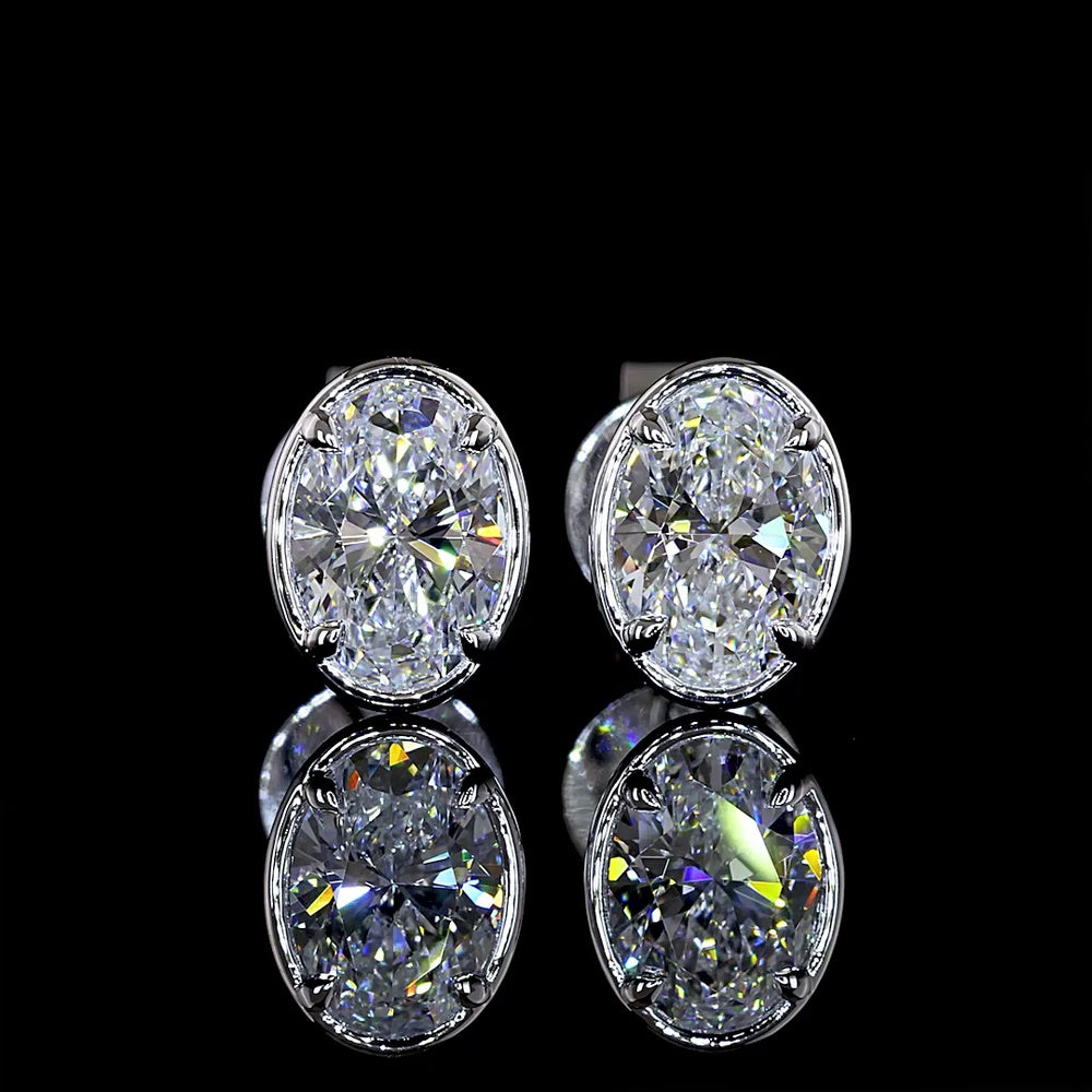 14K White Gold 1.04cttw Oval Lab Diamond Stud Earrings with Bezel-Prong Milgrain Setting and Friction Backs - Covaloro Fine Jewelry