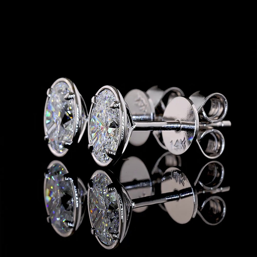 14K White Gold 1.04cttw Oval Lab Diamond Stud Earrings with Bezel-Prong Milgrain Setting and Friction Backs - Covaloro Fine Jewelry