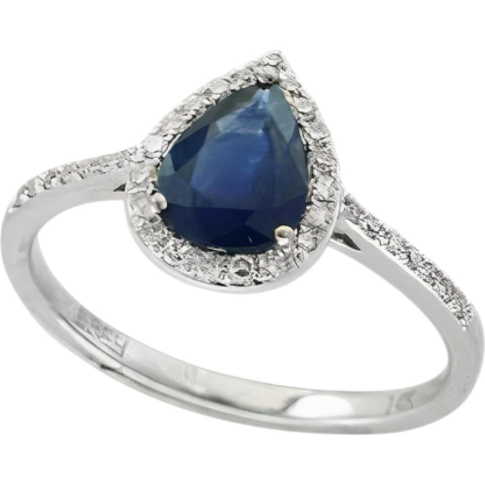14K White Gold 1.05 Carat Pear Shaped Sapphire Halo Ring with Diamonds - 0.15 Carat Total Diamond Weight