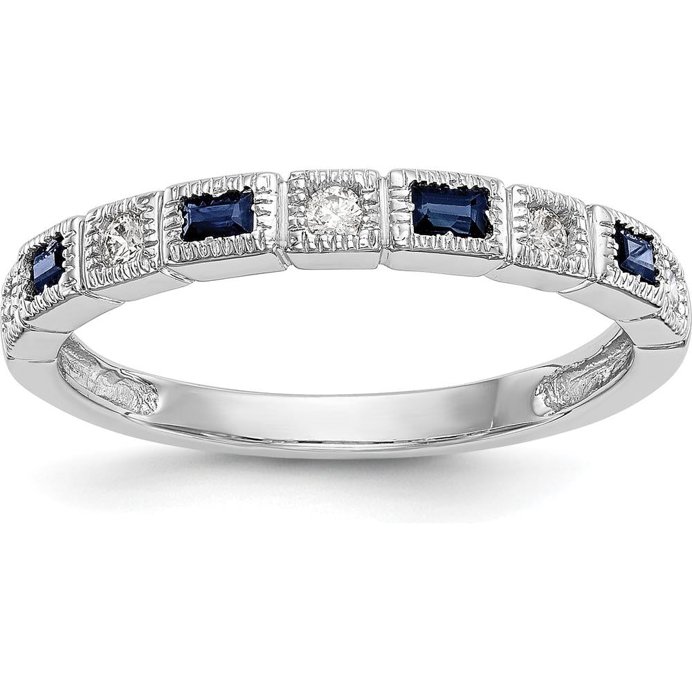 14K White Gold 1/10 Carat Diamond and Blue Sapphire Tapered Band Ring by 0