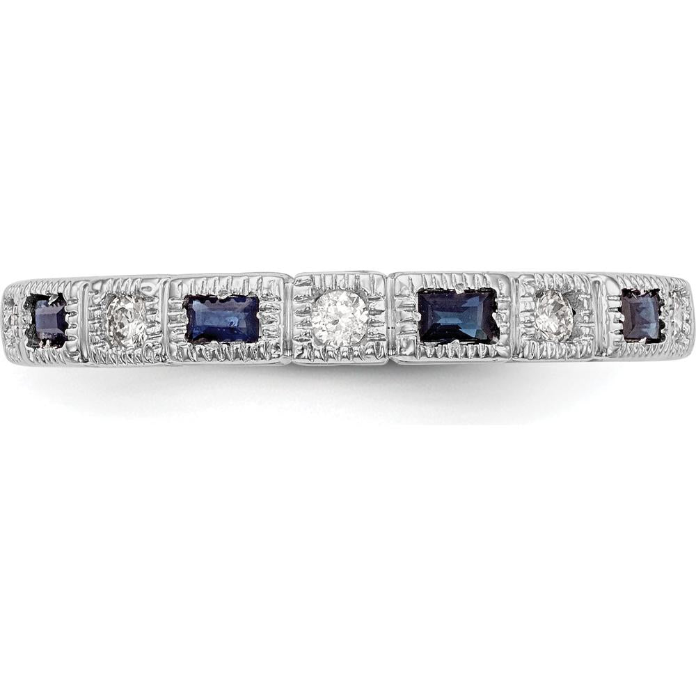 14K White Gold 1/10 Carat Diamond and Blue Sapphire Tapered Band Ring by 0