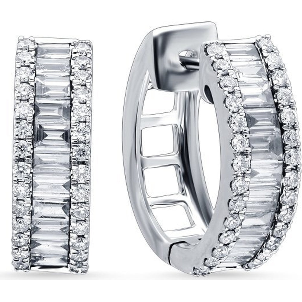 14K White Gold 1.10 Carat Total Diamond Weight Huggie Earrings with Channel-Set Baguette and Prong-Set Round Diamonds by Auriventus
