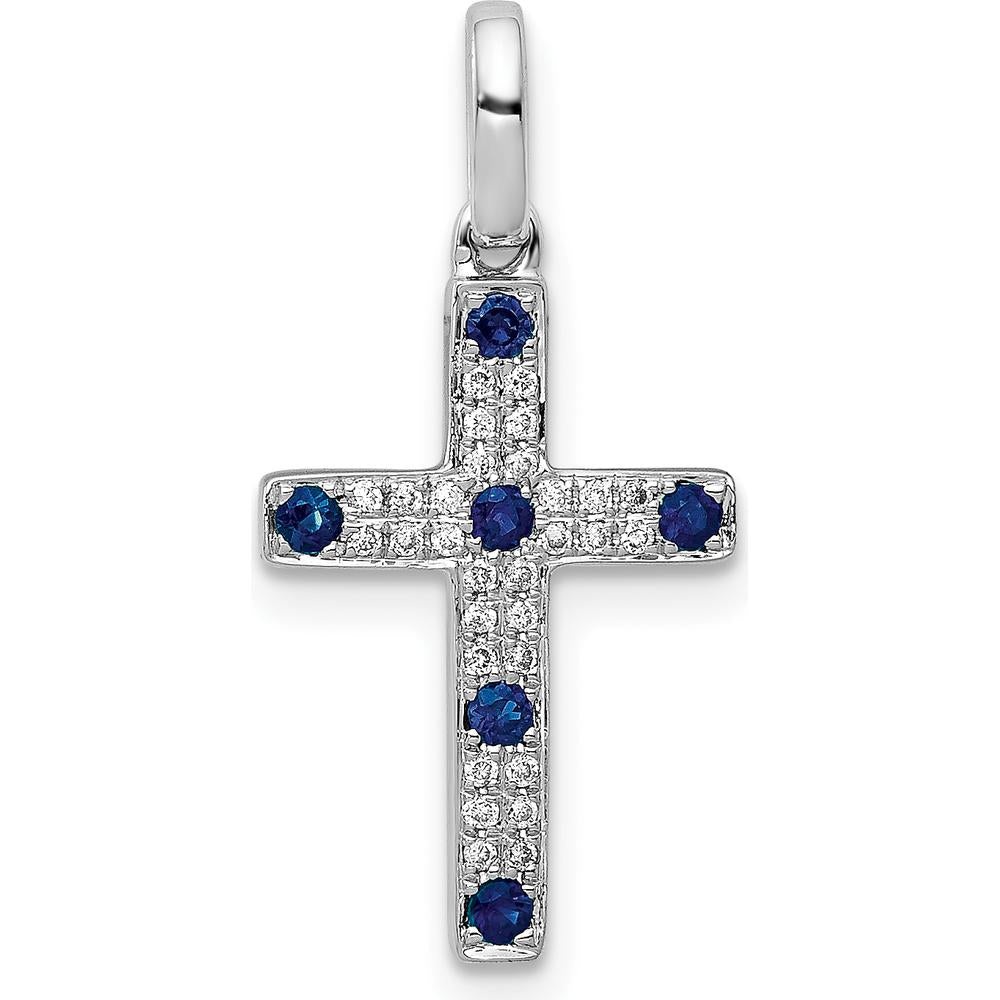 14K White Gold 1/15 Carat Diamond and Sapphire Cross Pendant - 22mm by Lumare Gioia