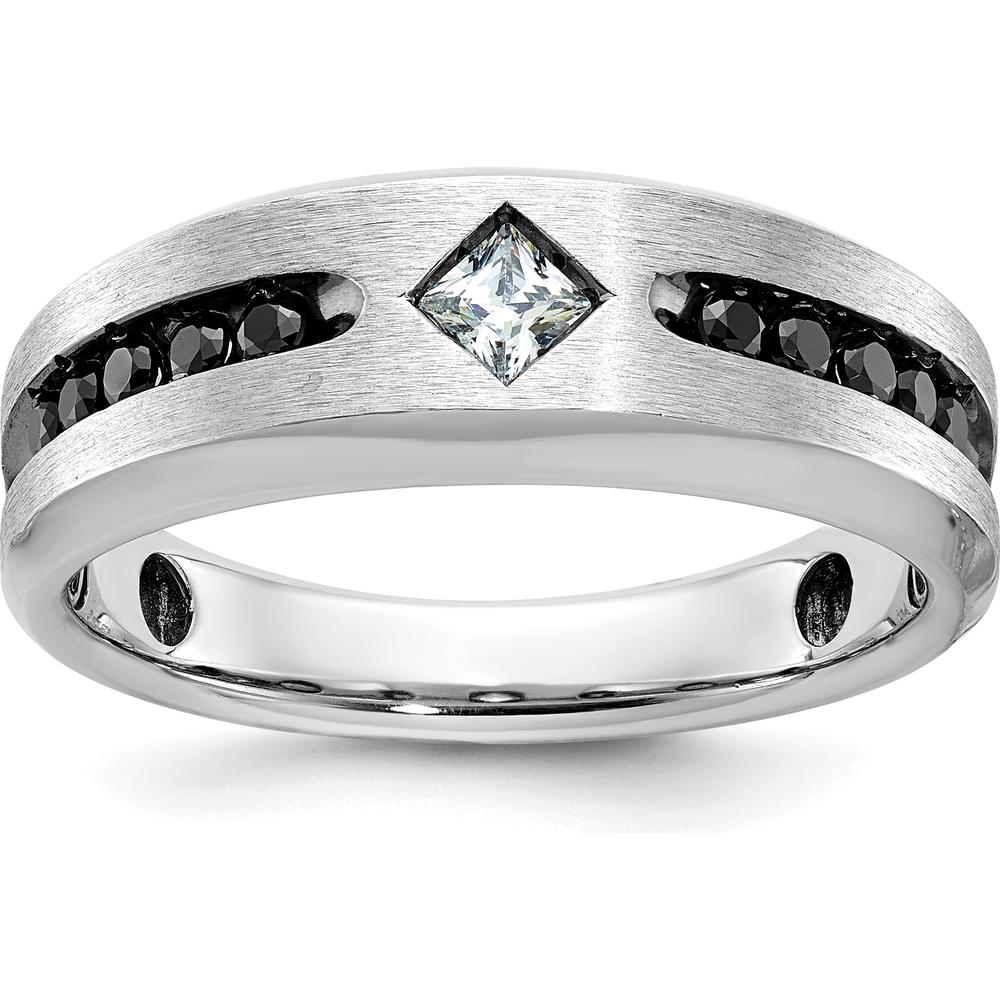 14K White Gold 1/2 Carat Black and White Diamond Ring with Grooved Satin Band and Rhodium Finish by IBGoodman