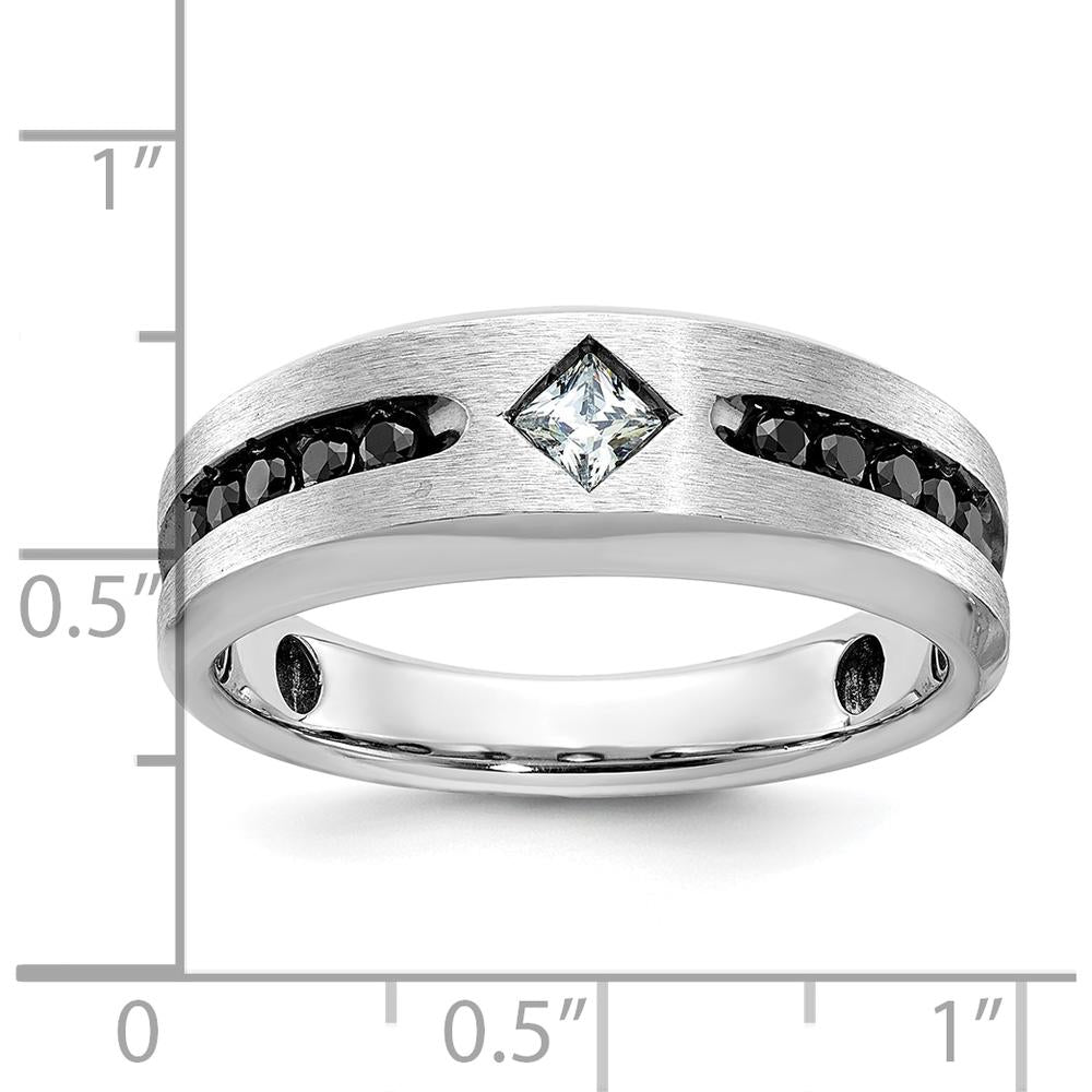 14K White Gold 1/2 Carat Black and White Diamond Ring with Grooved Satin Band and Rhodium Finish by IBGoodman