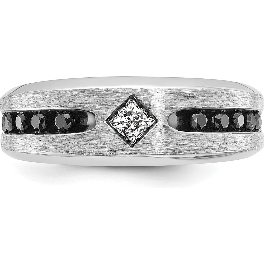 14K White Gold 1/2 Carat Black and White Diamond Ring with Grooved Satin Band and Rhodium Finish by IBGoodman