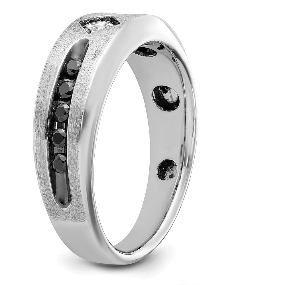 14K White Gold 1/2 Carat Black and White Diamond Ring with Grooved Satin Band and Rhodium Finish by IBGoodman