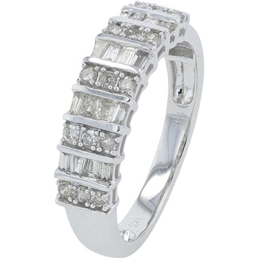 14K White Gold 1/2 Carat Diamond Band with Alternating Round and Baguette Diamonds