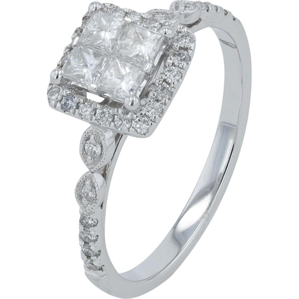 14K White Gold 1/2 Carat Quad Princess Cut Diamond Ring with Halo and Marquise Accents
