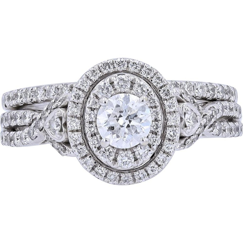 14K White Gold 1/2 Carats Diamond Oval Halo Bridal Set - 1.25 Carats Total Diamond Weight