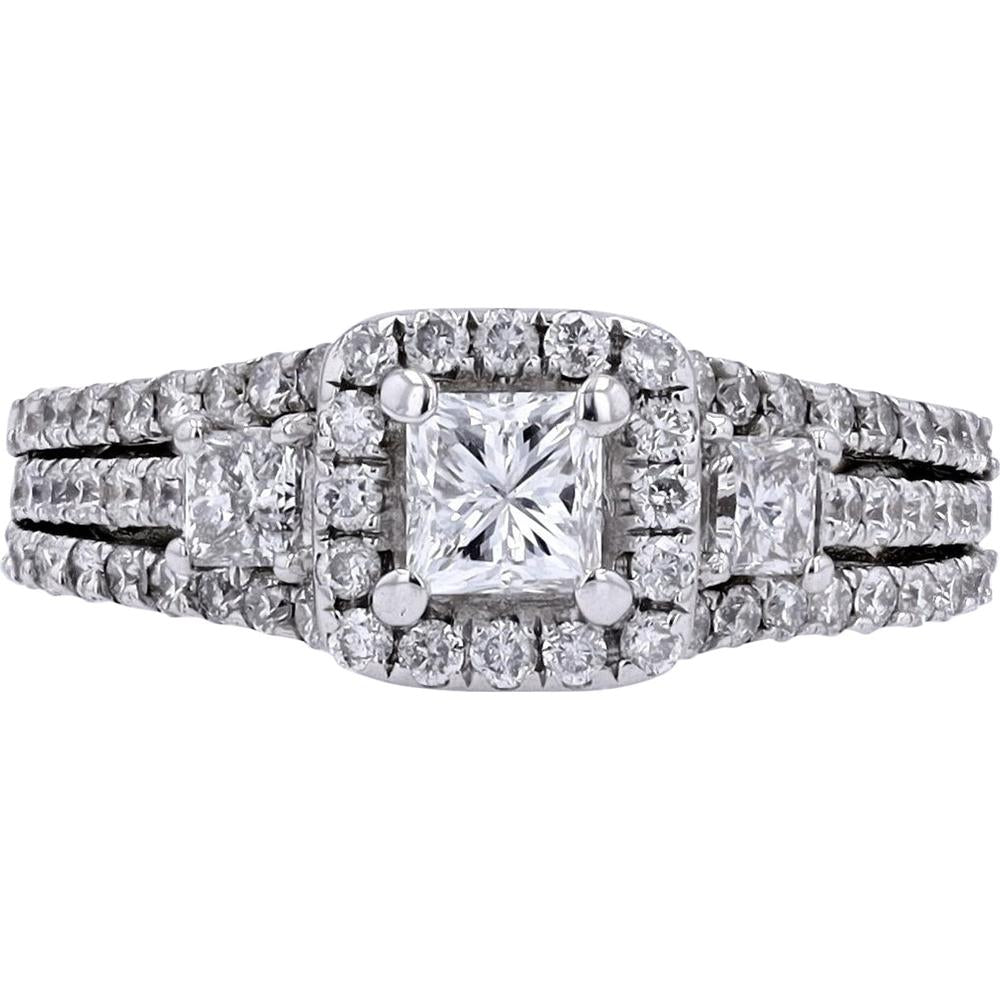 14K White Gold 1/2 Center Stone Diamond Ring with Square Halo - 1.50 Carats Total Diamond Weight