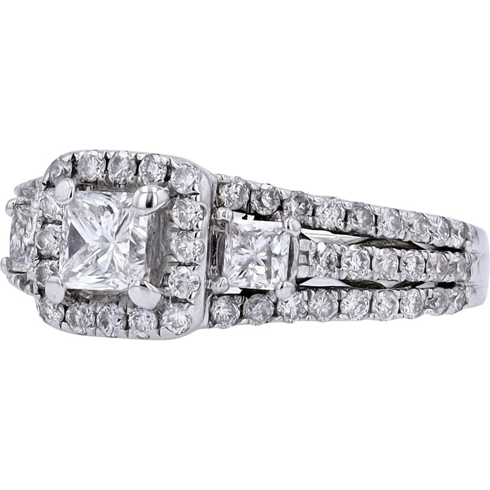 14K White Gold 1/2 Center Stone Diamond Ring with Square Halo - 1.50 Carats Total Diamond Weight