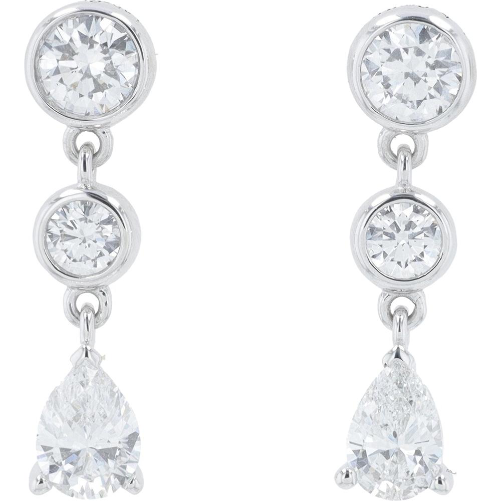 14K White Gold 1.25 Carat Lab Grown Diamond Dangle Earrings with Round and Pear Shaped Diamonds