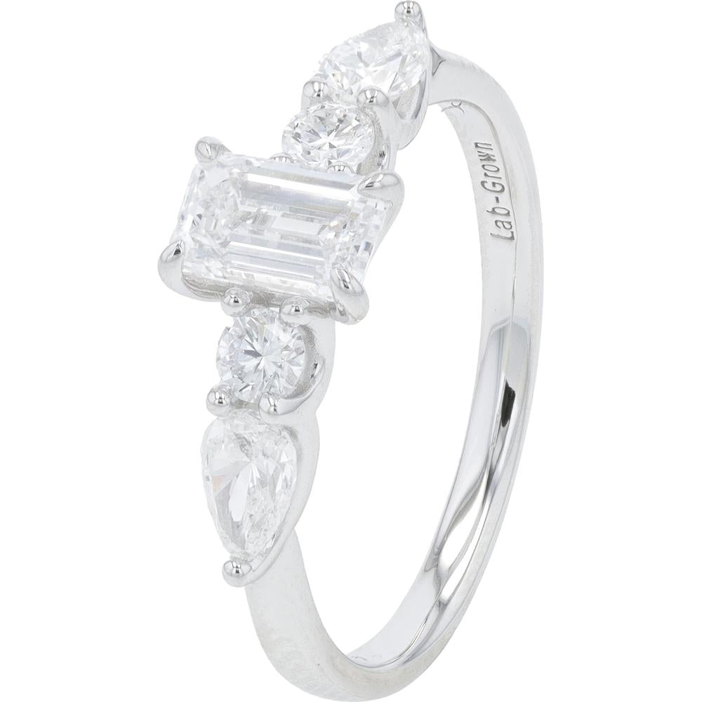 14K White Gold 1.25 Carat Lab Grown Diamond Engagement Ring with Emerald, Round, and Pear Cut Accents