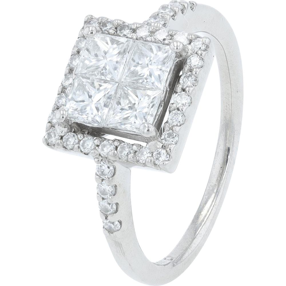 14K White Gold 1.25 Carat Princess-Cut and Round Diamond Halo Ring