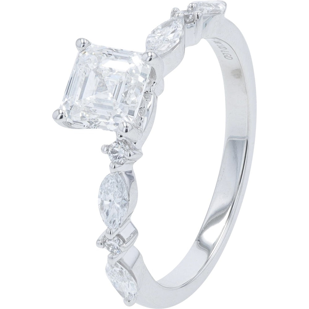14K White Gold 1.25 Carat Total Weight Lab Grown Diamond Asscher Cut Engagement Ring with Marquise and Round Accent Stones