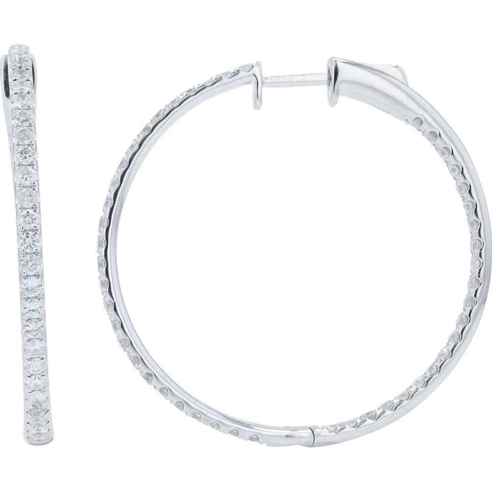 14K White Gold 1.25-Inch Inside-Out Hoop Earrings with Round Diamonds - 2.00 Carats Total Diamond Weight