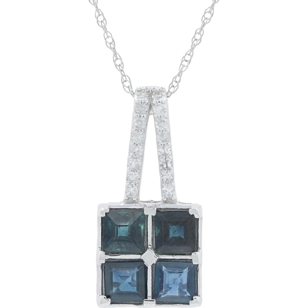 14K White Gold 1.28 Carat Sapphire and Diamond Pendant Necklace with Prong-Set Sapphires and Milgrain Detail