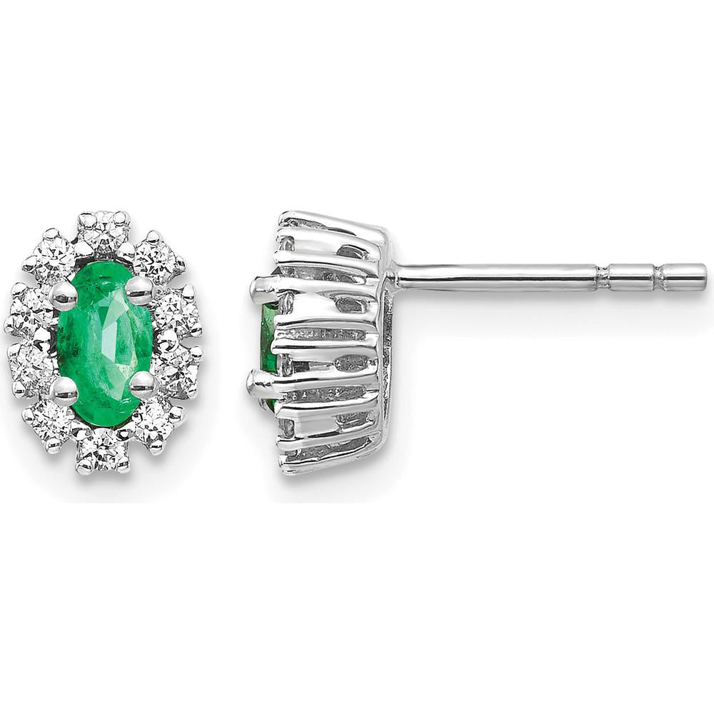 14K White Gold 1/3 Carat Diamond and Emerald Oval Halo Earrings by Monteluci Fine Jewelry