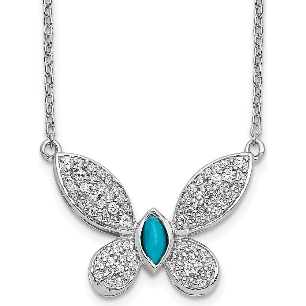 14K White Gold 1/3 Carat Diamond and Turquoise Butterfly Necklace - 18 Inches by Monteluci Fine Jewelry