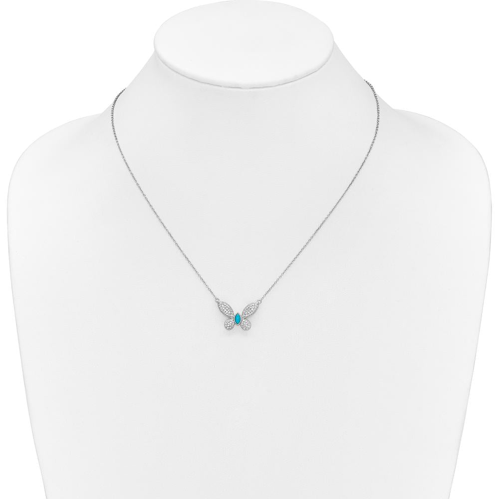 14K White Gold 1/3 Carat Diamond and Turquoise Butterfly Necklace - 18 Inches by Monteluci Fine Jewelry