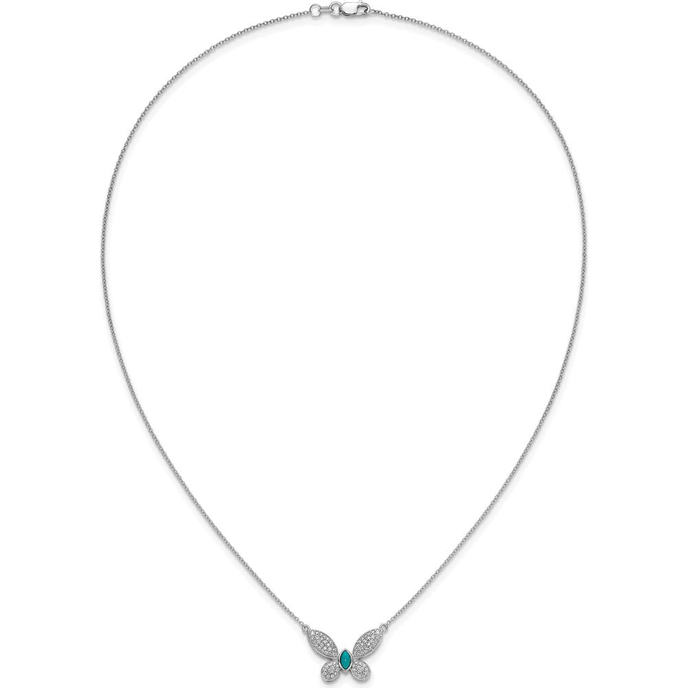 14K White Gold 1/3 Carat Diamond and Turquoise Butterfly Necklace - 18 Inches by Monteluci Fine Jewelry