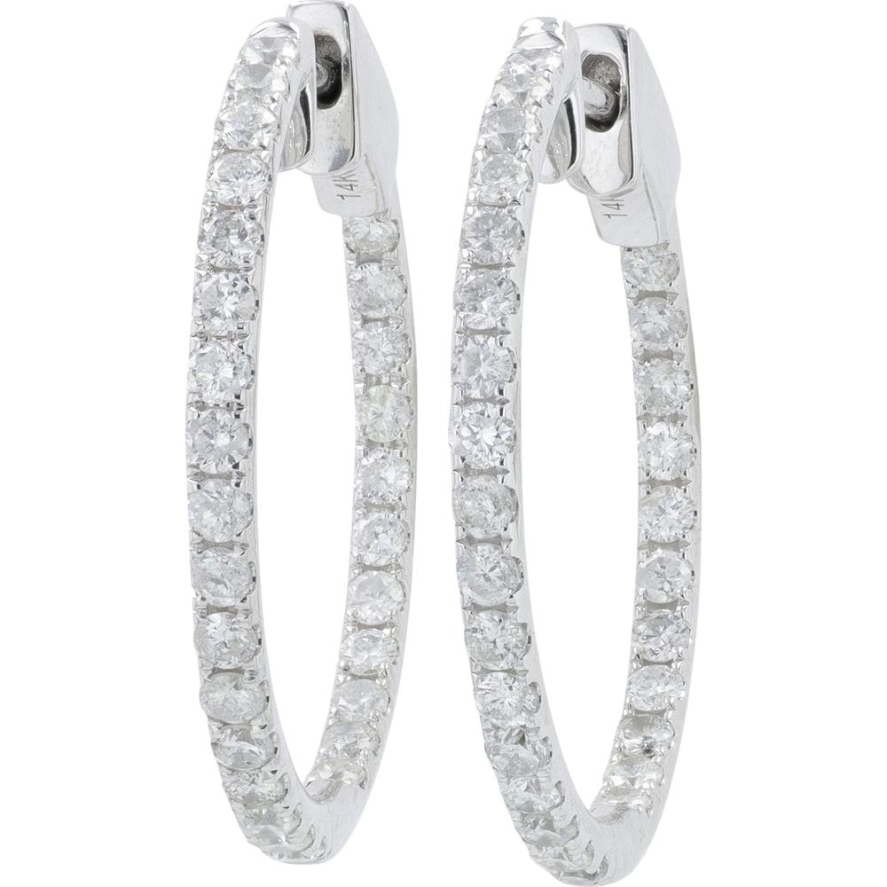 14K White Gold 1.30 Carat Diamond Inside - Out Hoop Earrings - 1" Diameter