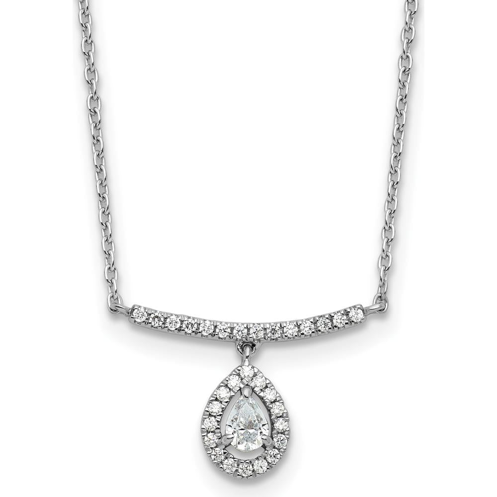 14K White Gold 1/4 Carat Diamond Bar Necklace with Pear Shaped Halo Pendant - 1/4 Carat Total Diamond Weight by Oro Pregiato