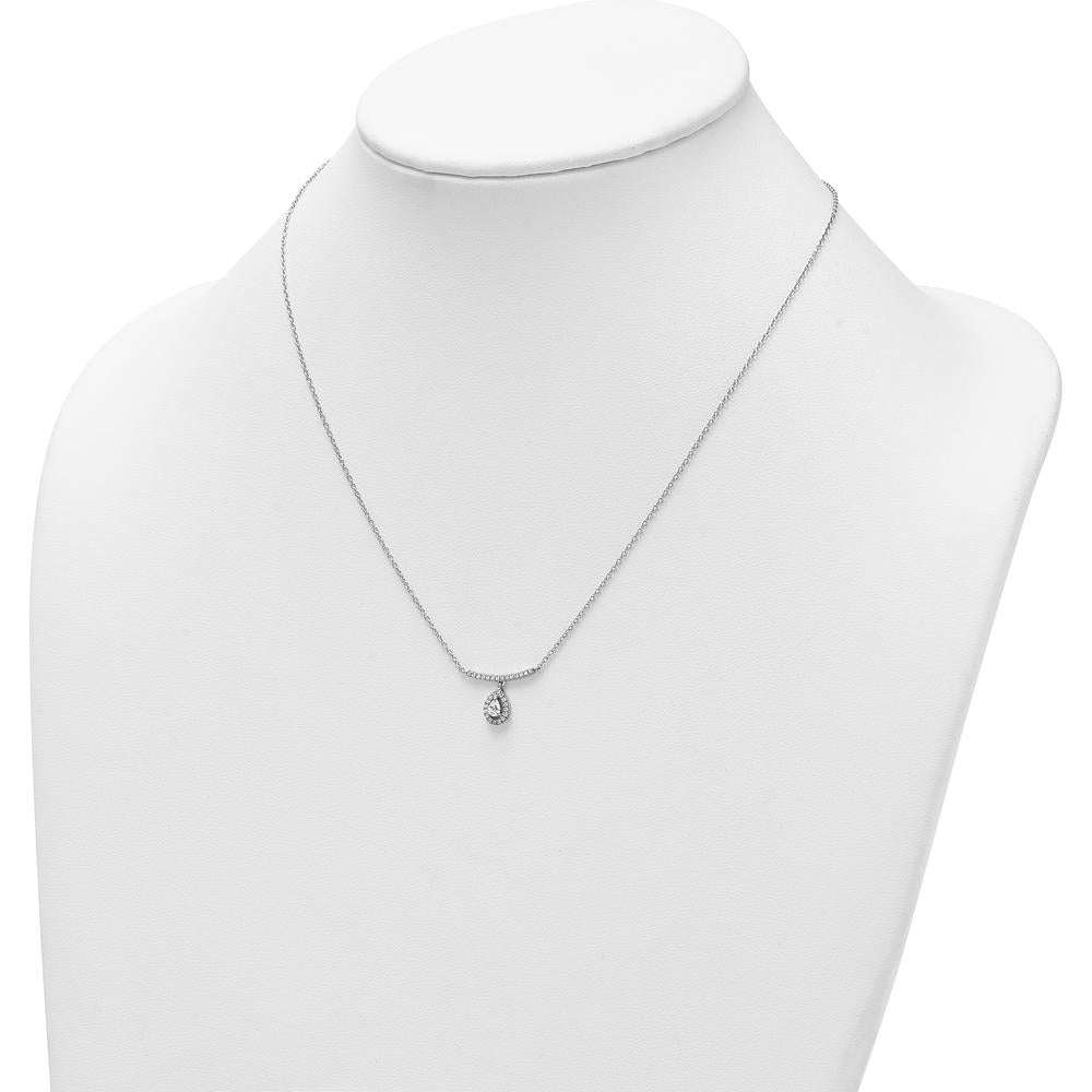 14K White Gold 1/4 Carat Diamond Bar Necklace with Pear Shaped Halo Pendant - 1/4 Carat Total Diamond Weight by Oro Pregiato