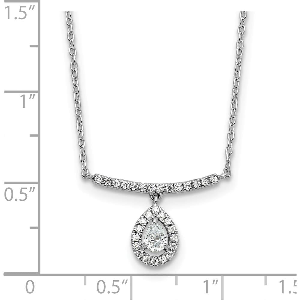 14K White Gold 1/4 Carat Diamond Bar Necklace with Pear Shaped Halo Pendant - 1/4 Carat Total Diamond Weight by Oro Pregiato