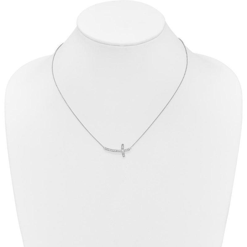 14K White Gold 1/4 Carat Diamond Sideways Cross Necklace - 18" Rhodium Plated Cable Chain by Monteluci Fine Jewelry