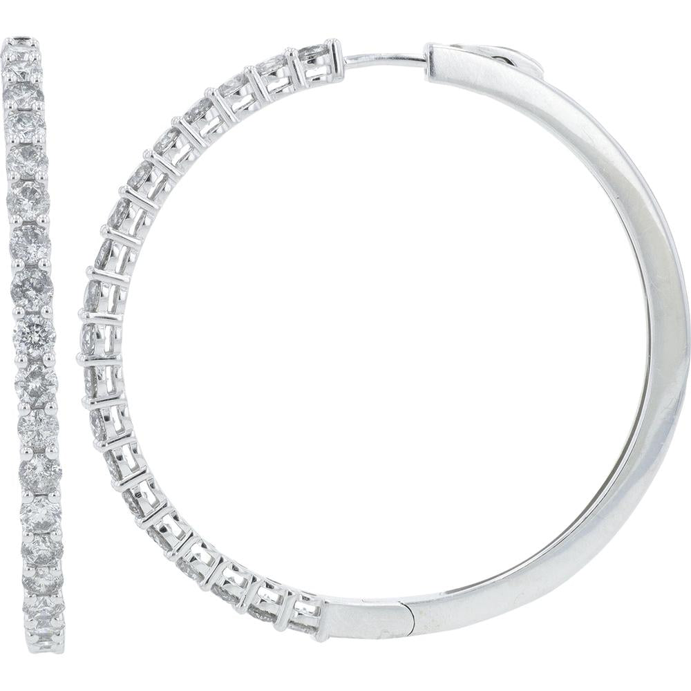 14K White Gold 1.5" Diamond Hoop Earrings - 3.00 Carat Total Diamond Weight