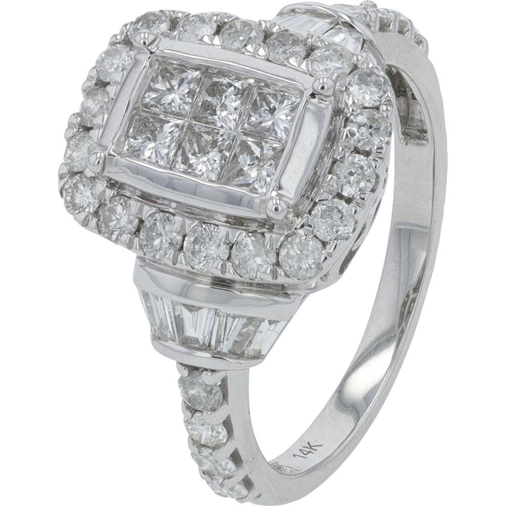 14K White Gold 1.50 Carat Diamond Bypass Ring with Halo and Baguette Accents