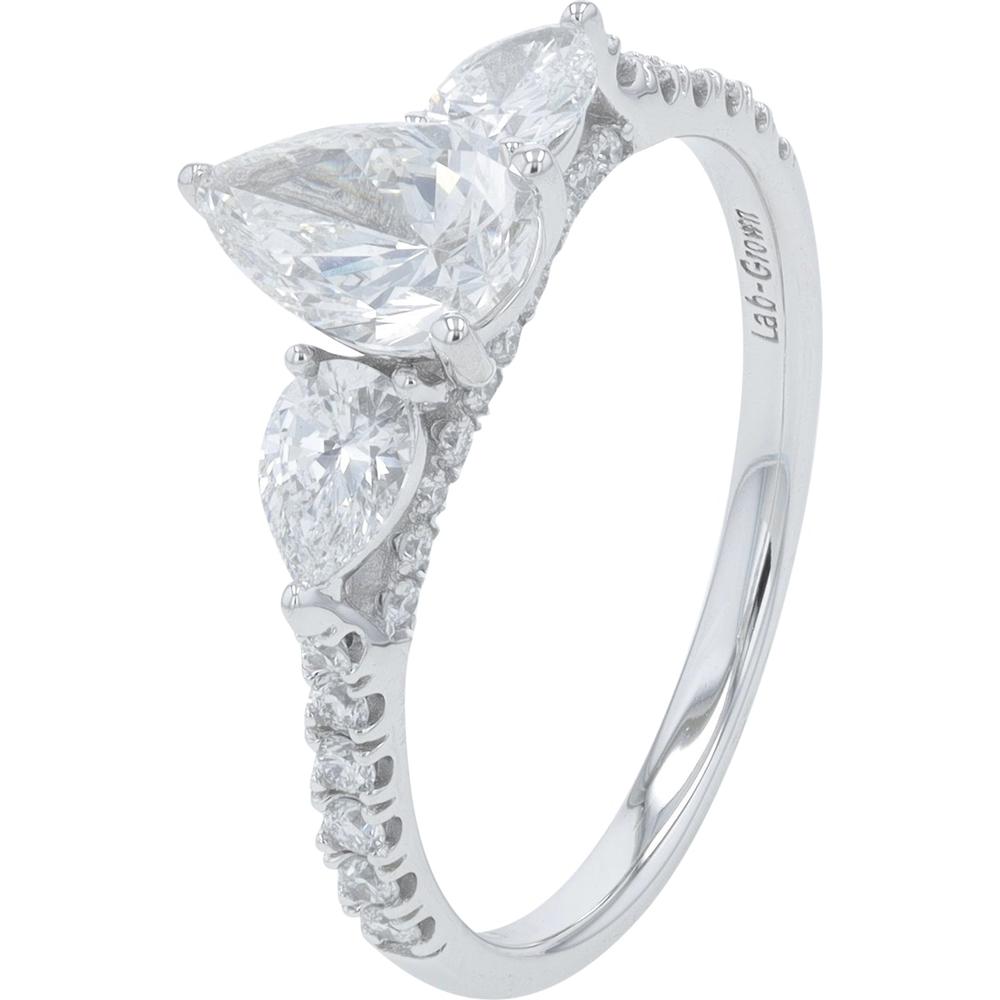 14K White Gold 1.50 Carat Lab Grown Diamond Engagement Ring with Pear Shaped Diamonds and Milgrain Detail