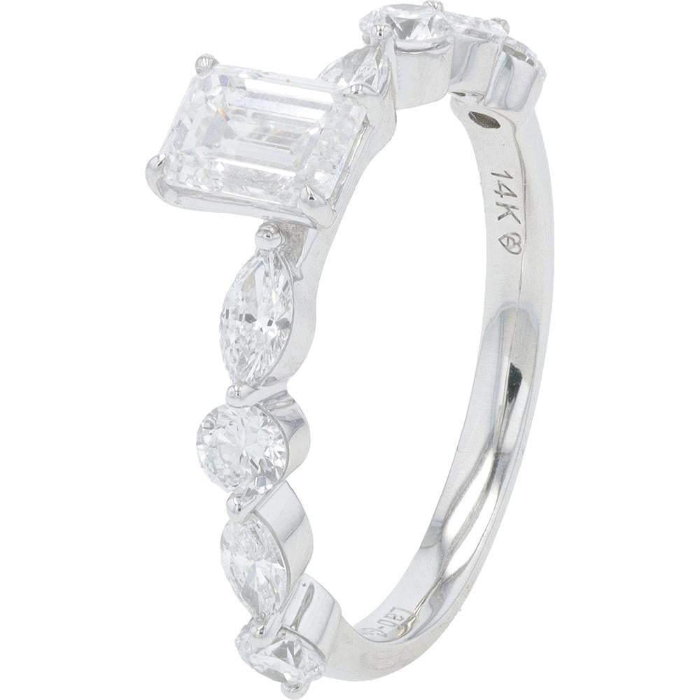 14K White Gold 1.50 Carat Total Diamond Engagement Ring with 0.75 Carat Emerald Cut Lab Grown Diamond