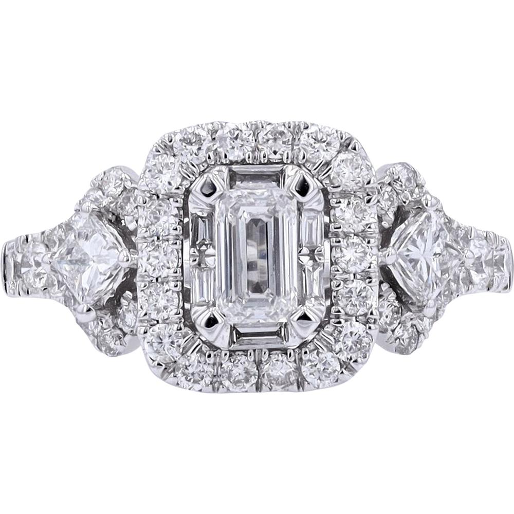 14K White Gold 1.50 Carat Total Diamond Engagement Ring with Emerald Cut Center and Halo of Round Brilliants