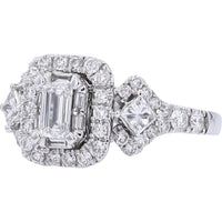 14K White Gold 1.50 Carat Total Diamond Engagement Ring with Emerald Cut Center and Halo of Round Brilliants