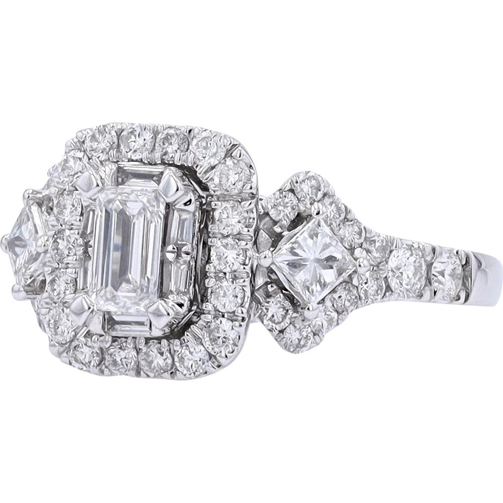 14K White Gold 1.50 Carat Total Diamond Engagement Ring with Emerald Cut Center and Halo of Round Brilliants