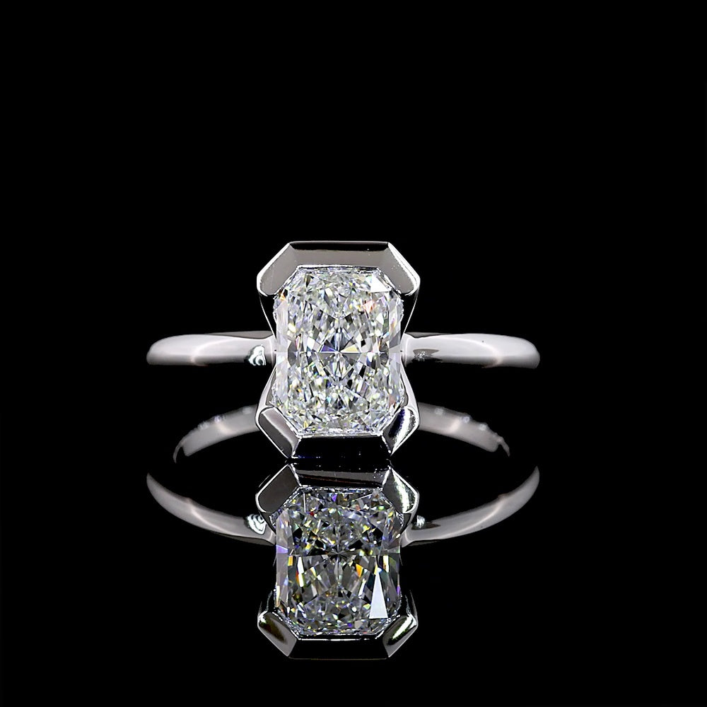 14K White Gold 1.52 Carats North-South Radiant Cut Lab Diamond Solitaire Ring with Half Bezel Setting and Side Accents - E-F VS1 IGI Certified - Covaloro Fine Jewelry