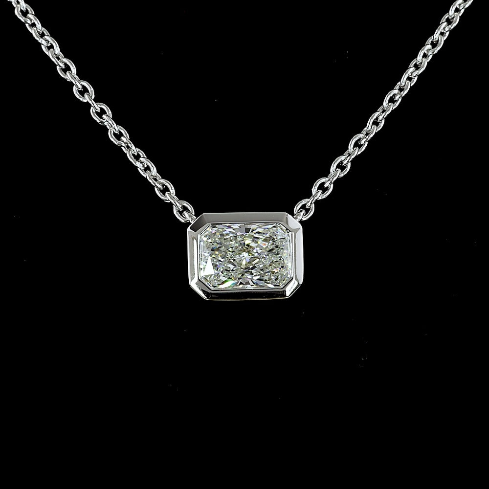 14K White Gold 1.55 Carat East-West Bezel Set Radiant Cut Lab Diamond Solitaire Pendant - D VVS2 Color Clarity - Covaloro Fine Jewelry