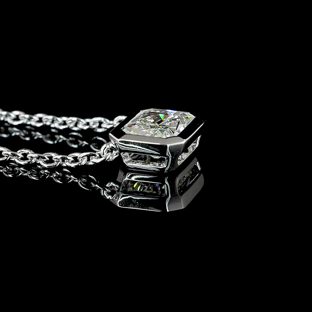 14K White Gold 1.55 Carat East-West Bezel Set Radiant Cut Lab Diamond Solitaire Pendant - D VVS2 Color Clarity - Covaloro Fine Jewelry