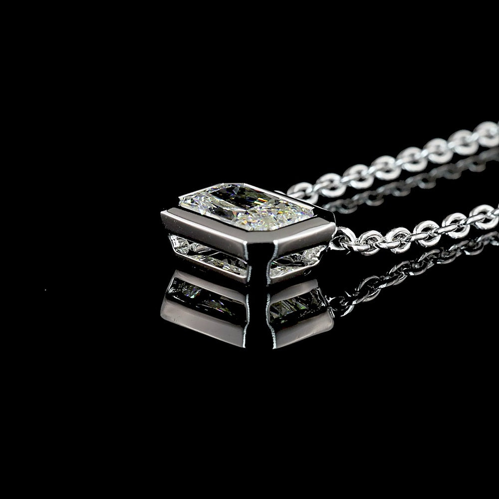 14K White Gold 1.55 Carat East-West Bezel Set Radiant Cut Lab Diamond Solitaire Pendant - D VVS2 Color Clarity - Covaloro Fine Jewelry