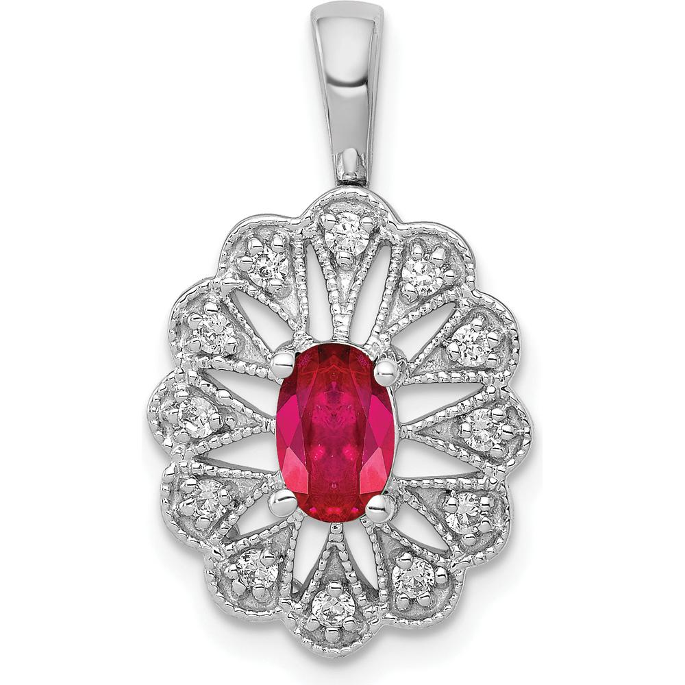 14K White Gold 1/6 Carat Diamond and Oval Ruby Fancy Pendant - 0.7 Carat Ruby and 0.027 Carat Diamond Weight by Lumare Gioia