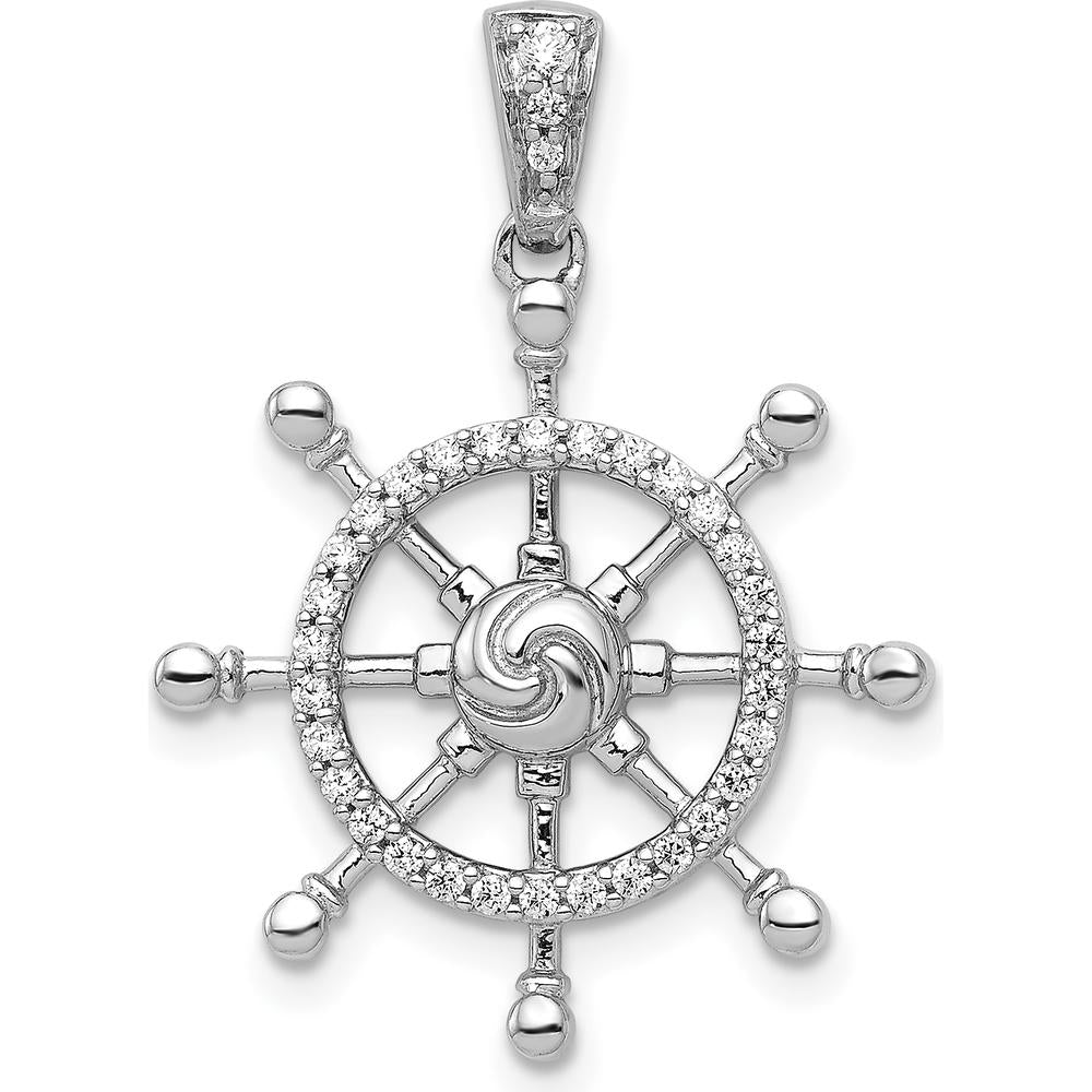 14K White Gold 1/6 Carat Diamond Ship Wheel Pendant with Rhodium Plating by Monteluci Fine Jewelry