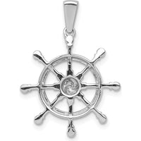 14K White Gold 1/6 Carat Diamond Ship Wheel Pendant with Rhodium Plating by Monteluci Fine Jewelry