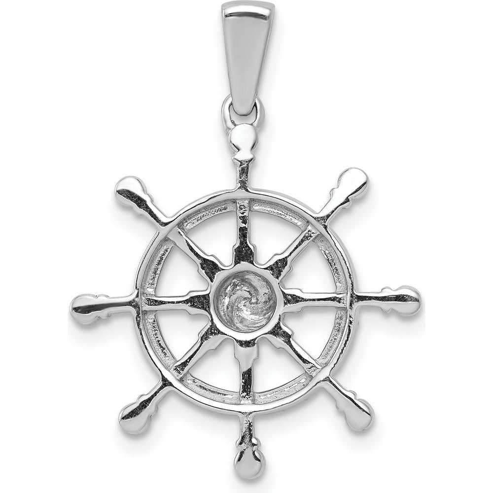 14K White Gold 1/6 Carat Diamond Ship Wheel Pendant with Rhodium Plating by Monteluci Fine Jewelry