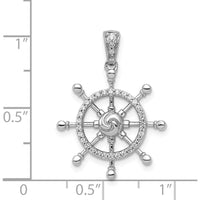 14K White Gold 1/6 Carat Diamond Ship Wheel Pendant with Rhodium Plating by Monteluci Fine Jewelry